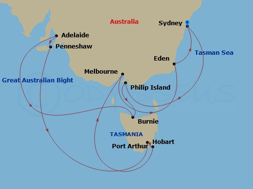 HAL Noordam - 14 Night - South Australia Discovery Holiday - HAL Noordam - Starting in Sydney AU, Phillip Island, Victoria AU, Australia, Burnie, Tasmania, Australia, Adela.. itinerary map
