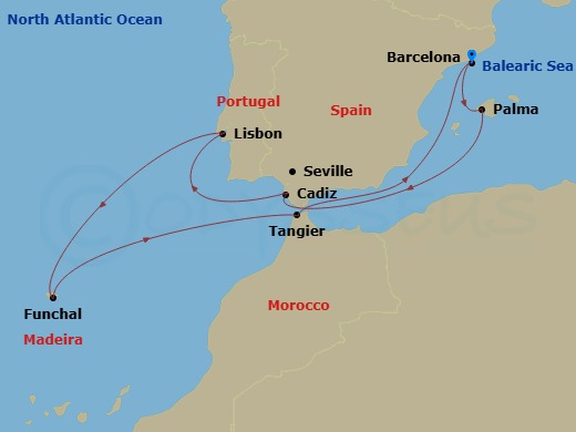 Celebrity Xcel - 11 Night - Spain, Portugal & Morocco - Celebrity Xcel - Starting in Barcelona, Spain, Palma De Mallorca, Spain, Seville (Cadiz), Spain, Lisbon, Portugal, Made.. itinerary map