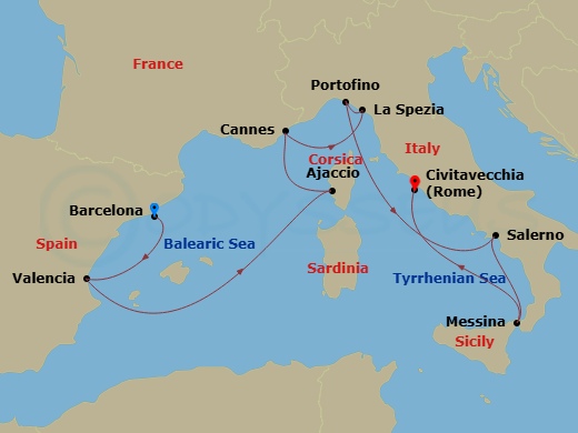 Celebrity Constellation - 11 Night - Best of Italy, France & Spain - Celebrity Constellation - Starting in Barcelona, Spain, Valencia, Spain, Ajaccio, Corsica, France, Cannes, France,.. itinerary map