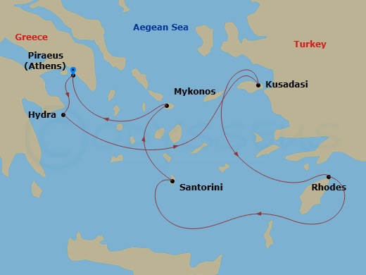 Celebrity Infinity - 7 Night - Best of Greece Cruise - Celebrity Infinity - Starting in Athens (Piraeus), Greece, Hydra, Greece, Ephesus (Kusadasi), Turkey, Rhodes, Greece, Santor.. itinerary map