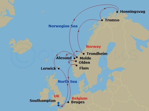 Celebrity Apex - 14 Night - Norwegian Fjords & Arctic Circle - Celebrity Apex - Starting in Southampton, England, Lerwick / Shetland, Scotland, Alesund, Norway, Trondheim, Nor.. itinerary map