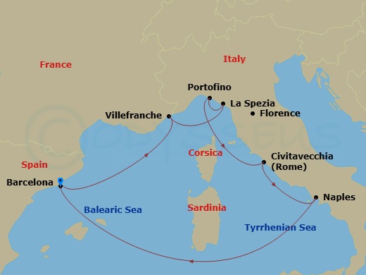 Celebrity Xcel - 7 Night - Italian & French Riviera Cruise - Celebrity Xcel - Starting in Barcelona, Spain, Nice (Villefranche), France, Florence / Pisa (La Spezia), Italy, Po.. itinerary map