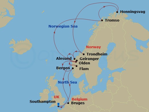 Celebrity Apex - 14 Night - Norwegian Fjords & Arctic Circle - Celebrity Apex - Starting in Southampton, England, Bruges, (Zeebrugge), Belgium, Flam, Norway, Geiranger, Norway.. itinerary map