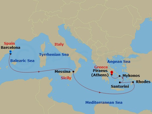 Celebrity Xcel - 7 Night - Greek Isles & Italy Cruise - Celebrity Xcel - Starting in Barcelona, Spain, Sicily (Messina), Italy, Rhodes, Greece, Santorini, Greece, Mykonos, Gre.. itinerary map