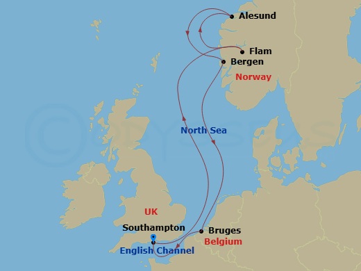 Celebrity Apex - 7 Night - Norwegian Fjords Cruise - Celebrity Apex - Starting in Southampton, England, Flam, Norway, Alesund, Norway, Bergen, Norway, Bruges, (Zeebrugge), Bel.. itinerary map