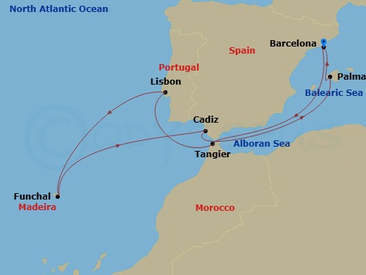 Celebrity Xcel - 11 Night - Spain, Portugal & Morocco - Celebrity Xcel - Starting in Barcelona, Spain, Tangier, Morocco, Lisbon, Portugal, Madeira (Funchal), Portugal, Seville.. itinerary map