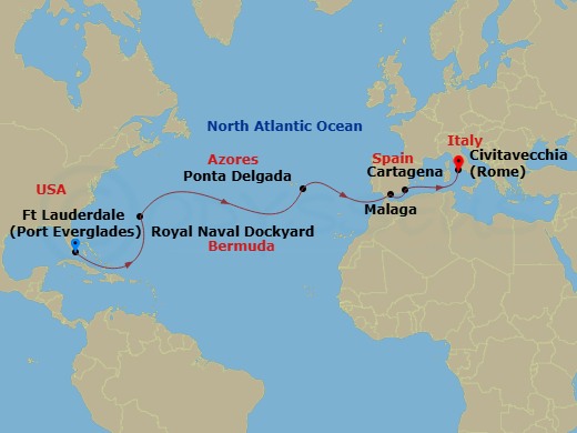 Celebrity Ascent - 14 Night - Spain & Bermuda Transatlantic - Celebrity Ascent - Starting in Fort Lauderdale, Florida, Royal Naval Dockyard, Bermuda, Ponta Delgada, Azores, Mala.. itinerary map