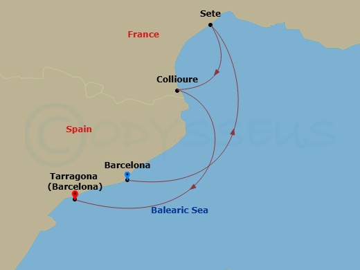 Wind Surf - 3 Night - Quick Getaways : a Taste of Southern France - Wind Surf - Starting in Barcelona, Sete, Collioure, France, Tarragona, Spain itinerary map