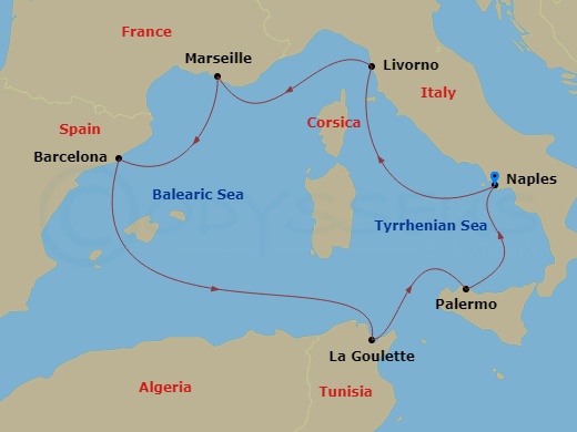 MSC Meraviglia - 7 Night - Mediterranean - MSC Meraviglia - Starting in Naples (Pompeii), Italy, Livorno (Florence), Italy, Marseille (Provence), France, Barcelona, Spain, La.. itinerary map