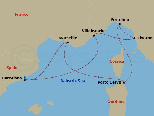 EXPLORA I - 7 Night - A Journey of Bewitching Scenery & Cultural Treasures - EXPLORA I - Starting in Barcelona, Marseille, Porto Cervo (Sardinia), Portofino, Livorno (Flo.. itinerary map