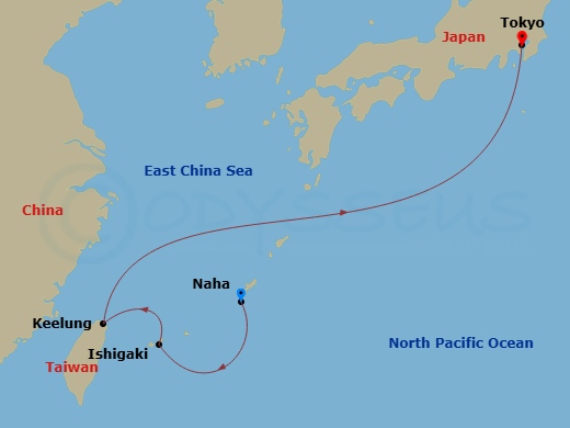MSC Bellissima - 5 Night - Far East - MSC Bellissima - Starting in Naha (Okinawa), Japan, Ishigaki, Japan, Keelung (Taipei) Taiwan, China, Tokyo, Japan itinerary map