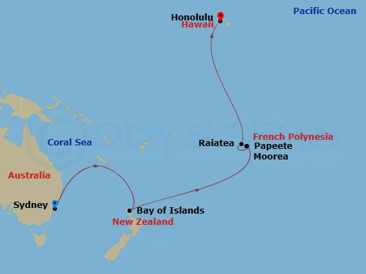 RCL Anthem of the Seas - 17 Night - Transpacific Cruise - RCL Anthem of the Seas - Starting in Sydney AU, Bay of Islands, New Zealand, International Dateline, Papeete, Tahiti, Moorea,.. itinerary map