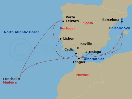 Celebrity Equinox - 11 Night - Spain, Portugal & Morocco - Celebrity Equinox - Starting in Barcelona, Spain, Malaga, Spain, Tangier, Morocco, Lisbon, Portugal, Porto (Leixoes), P.. itinerary map