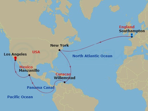 Queen Mary 2 - 23 Night - Southampton to Los Angeles - Queen Mary 2 - Starting in Southampton, England, UK, New York, NY, Willemstad AN, Curacao, Transit the Panama Canal, P.. itinerary map