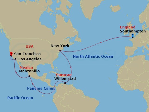 Queen Mary 2 - 26 Night - Southampton to San Francisco - Queen Mary 2 - Starting in Southampton, England, UK, New York, NY, Willemstad AN, Curacao, Transit the Panama Canal,.. itinerary map