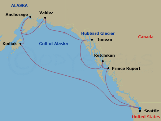 14 Night - Great Alaska Explorer - Noordam - Starting in Seattle, Washington, Kodiak, Alaska, Anchorage, Alaska, Valdez, Alaska, Cruising Hubbard Glacier, Juneau, Alaska, Ketchikan, Alaska, Prince Rupert, British Columbia, Canada, Seattle, Washington itinerary map