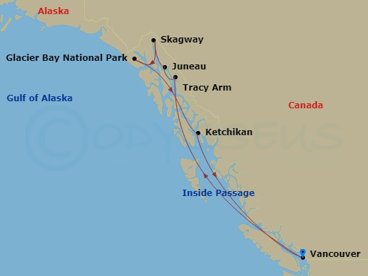 HAL Koningsdam - 7 Night - Alaska Inside Passage - HAL Koningsdam - Starting in Vancouver, BC, CA, Scenic Cruising the Inside Passage, Tracy Arm Inlet, Juneau, Alaska, Skagway.. itinerary map