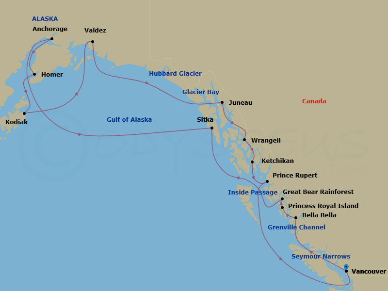 18 Night - Great Bear Rainforest and Alaska Explorer - Zaandam - Starting in Vancouver, BC, CA, Transit the Seymour Narrows, Scenic Cruising the Inside Passage, Scenic cruising Bella Bella, Scenic cruising Princess Royal Island, Scenic cruising Grenville Channel, Scenic cruising Great Bear Rainforest, Sitka, Alaska, Anchorage, Alaska, Homer, Alaska, Kodiak, Alaska, Valdez, Alaska, Cruising Hubbard Glacier, Glacier Bay, Juneau, Alaska, Wrangell, Alaska, Ketchikan, Alaska, Prince Rupert, British Columbia, Canada, Scenic Cruising the Inside Passage, Vancouver, BC, CA itinerary map