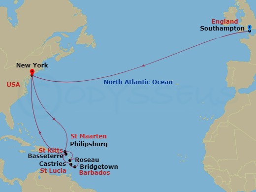 Queen Mary 2 - 19 Night - Transatlantic Crossing and Eastern Caribbean - Queen Mary 2 - Starting in Southampton, England, UK, New York, NY, Philipsburg, St Maarten, Roseau,.. itinerary map