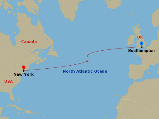 Queen Mary 2 - 7 Night - Westbound Transatlantic Crossing - Queen Mary 2 - Starting in Southampton, England, UK, New York, NY itinerary map