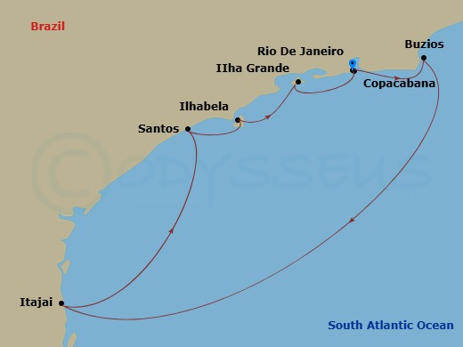 MSC Sinfonia - 7 Night - South America - MSC Sinfonia - Starting in Rio De Janeiro, Brazil, Buzios, Brazil, Itajai, Brazil, Santos (Sao Paulo), Brazil, Ilhabela, Brazil, Ilh.. itinerary map