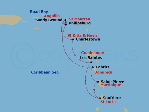 9 Night - Pirates Islands and Sailors' Haunts - Sea Cloud Spirit - Starting in Philipsburg, Cabrits, Saint-Pierre, Soufriere, Terre-De-Haut, Iles Des Saintes, Charlestown, Nevis, Road Bay (Sandy Ground), Philipsburg itinerary map