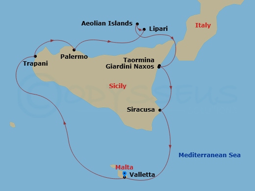 8 Night - Scenes of Sicily - Sea Cloud II - Starting in Valletta, Trapani, Sicily, Palermo, Sicily, Lipari / Aeolian Islands, Giardini Naxos (Taormina) / Sicily, Syracuse, Sicily, Italy, Valletta itinerary map