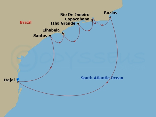 MSC Sinfonia - 7 Night - South America - MSC Sinfonia - Starting in Itajai, Brazil, Santos (Sao Paulo), Brazil, Ilhabela, Brazil, Ilha Grande, Brazil, Copacabana (Rio de Jan.. itinerary map