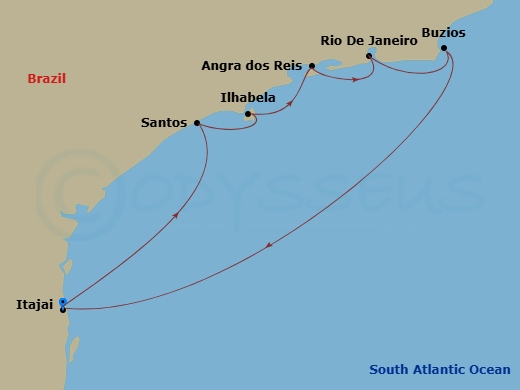 MSC Sinfonia - 7 Night - South America - MSC Sinfonia - Starting in Itajai, Brazil, Santos (Sao Paulo), Brazil, Ilhabela, Brazil, Angra Dos Reis, Brazil, Rio De Janeiro, Bra.. itinerary map