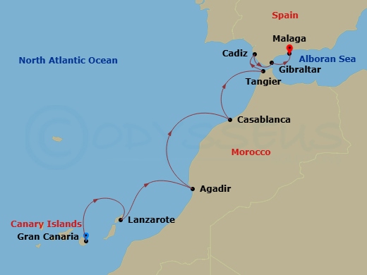 13 Night - Cruise from Gran Canaria to Malaga - Sea Cloud Spirit - Starting in Las Palmas / Gran Canaria, Arrecife / Lanzarote, Agadir, Casablanca, Tangier, Cadiz, Gibraltar, Malaga itinerary map