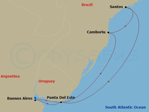 MSC Preziosa - 8 Night - South America - MSC Preziosa - Starting in Buenos Aires, Argentina, Punta Del Este, Uruguay, Santos (Sao Paulo), Brazil, Camboriu, Brazil, Punta Del.. itinerary map