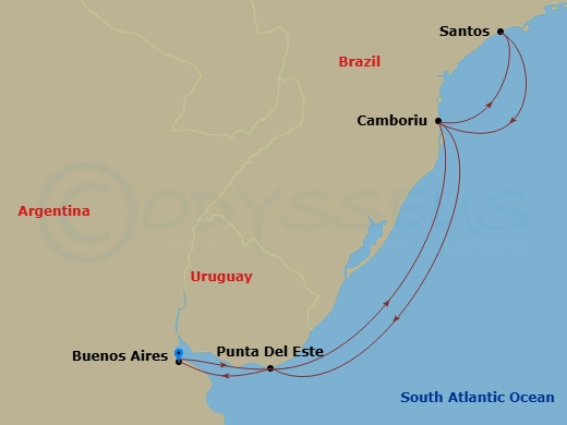 MSC Preziosa - 8 Night - South America - MSC Preziosa - Starting in Buenos Aires, Argentina, Punta Del Este, Uruguay, Camboriu, Brazil, Santos (Sao Paulo), Brazil, Camboriu,.. itinerary map
