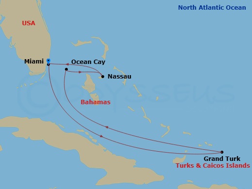 MSC Meraviglia - 6 Night - Caribbean and Antilles - MSC Meraviglia - Starting in Miami, Florida, Grand Turk Island Turks and Caicos, Ocean Cay Msc Marine Reserve, Bahamas, Nas.. itinerary map