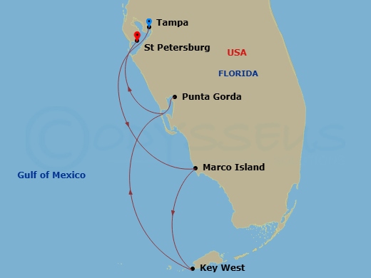 American Maverick - 8 Night - Florida Gulf Coast & Keys Cruise - American Maverick - Starting in Tampa, Fl, Day of Cruising, Marco Island, FL, Key West, FL, Day of Cruising, Punt.. itinerary map