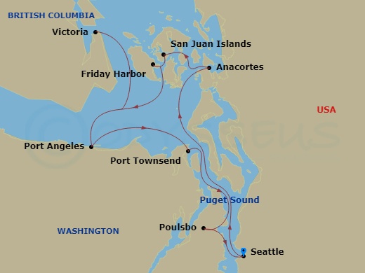 American Pioneer - 7 Night - Puget Sound & San Juan Islands Cruise - American Pioneer - Starting in Seattle, Wa, Anacortes, WA, Friday Harbor, WA, Cruising the San Juan Islands.. itinerary map