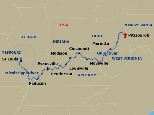 American Melody - 15 Night - Grand Ohio River Cruise - American Melody - Starting in St Louis, MO, Cruising the Mississippi River, Paducah, KY, Day of Cruising, Henderson, KY /.. itinerary map