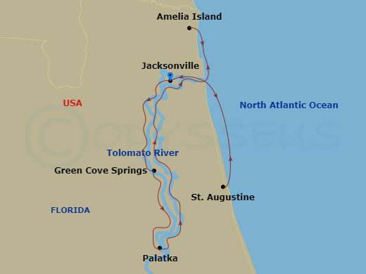 American Liberty - 7 Night - Great Rivers of Florida Cruise - American Liberty - Starting in Jacksonville, FL, Green Cove Springs, FL, Palatka, FL, Amelia Island, FL, Cruising t.. itinerary map