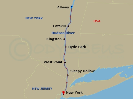 American Maverick - 7 Night - Hudson River Fall Foliage Cruise - American Maverick - Starting in Albany NY, Catskill, NY, Kingston, NY / Hyde Park, NY, Day of Cruising, West Poin.. itinerary map