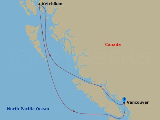 Crown Princess - 4 Night - Alaska Sampler - Crown Princess - Starting in Vancouver, Canada, Ketchikan, Alaska, Vancouver, Canada itinerary map