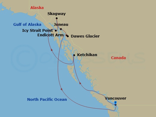 Coral Princess - 8 Night - Inside Passage (Roundtrip Vancouver) - Coral Princess - Starting in Vancouver, Canada, Ketchikan, Alaska, Icy Strait Point, Alaska, Skagway, Alaska,.. itinerary map
