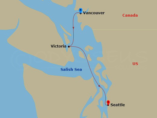 Royal Princess - 3 Night - Pacific Coastal - Royal Princess - Starting in Vancouver, Canada, Victoria CA, Seattle, Washington itinerary map
