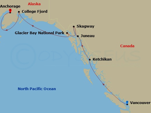 Crown Princess - 7 Night - Voyage of the Glaciers (Northbound) - Crown Princess - Starting in Vancouver, Canada, Ketchikan, Alaska, Juneau, Alaska, Skagway, Alaska, Glacier Ba.. itinerary map
