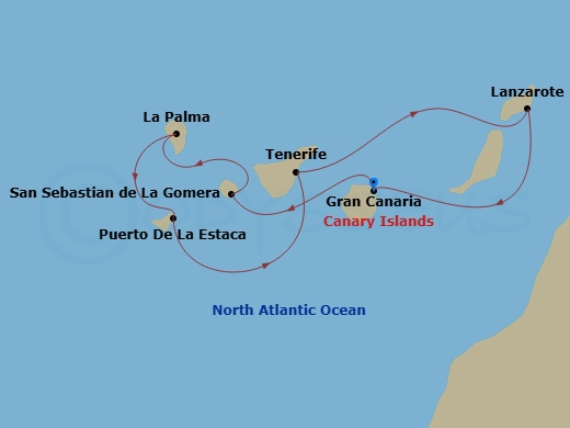 10 Night - Canary Islands Roundtrip from Gran Canaria - Sea Cloud Spirit - Starting in Las Palmas / Gran Canaria, San Sebastian / La Gomera, Santa Cruz de La Palma, Puerto De La Estaca / El Hierro, Santa Cruz de Tenerife, Arrecife / Lanzarote, Las Palmas / Gran Canaria itinerary map