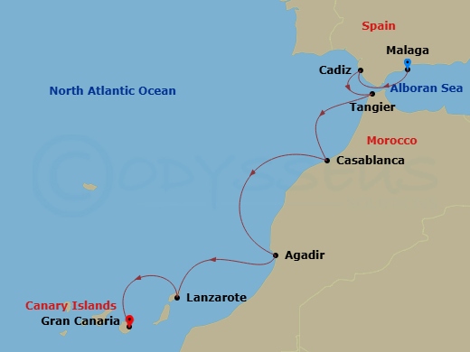 12 Night - Imperial Cities and Volcanoes - Sea Cloud Spirit - Starting in Malaga, Cadiz, Tangier, Casablanca, Agadir, Arrecife / Lanzarote, Las Palmas / Gran Canaria itinerary map