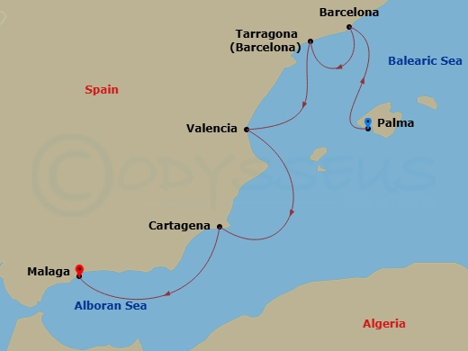 9 Night - Sunshine and Culture Indulgence - Sea Cloud Spirit - Starting in Palma De Mallorca, Barcelona, Tarragona, Valencia, Cartagena, Malaga itinerary map