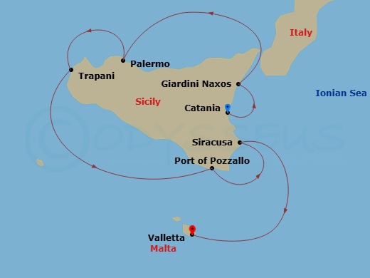 8 Night - Ride the Winds to Sicily - Sea Cloud Spirit - Starting in Catania / Sicily, Giardini Naxos (Taormina) / Sicily, Palermo, Sicily, Trapani, Sicily, Pozzallo / Sicily, Syracuse, Sicily, Italy, Valletta itinerary map