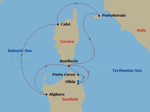 9 Night - Western Mediterranean Roundtrip from Olbia - Sea Cloud Spirit - Starting in Olbia / Sardinia, Bonifacio / Corsica, Portoferraio / Elba, Calvi / Corsica, Alghero / Sardinia, Porto Cervo / Sardinia, Olbia / Sardinia itinerary map