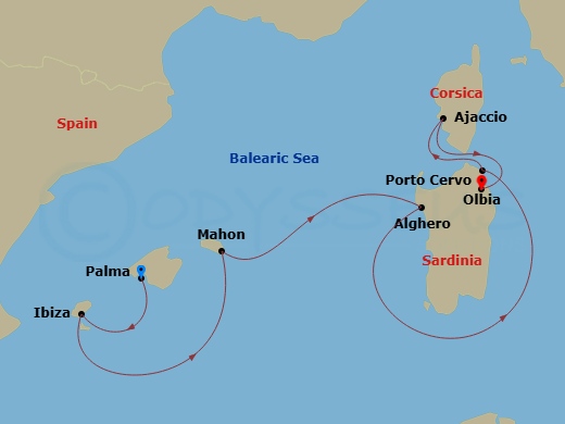 11 Night - Songs 'N' Sail - Sea Cloud Spirit - Starting in Palma De Mallorca, Ibiza City / Ibiza, Mahon / Menorca, Alghero / Sardinia, Porto Cervo / Sardinia, Ajaccio / Corsica, Olbia / Sardinia itinerary map