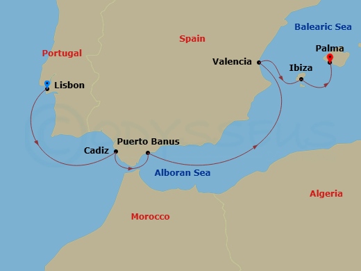10 Night - Happy Birthday - Sea Cloud Spirit - Starting in Lisbon, Cadiz, Puerto Banus (Marbella), Valencia, Ibiza City / Ibiza, Palma De Mallorca itinerary map