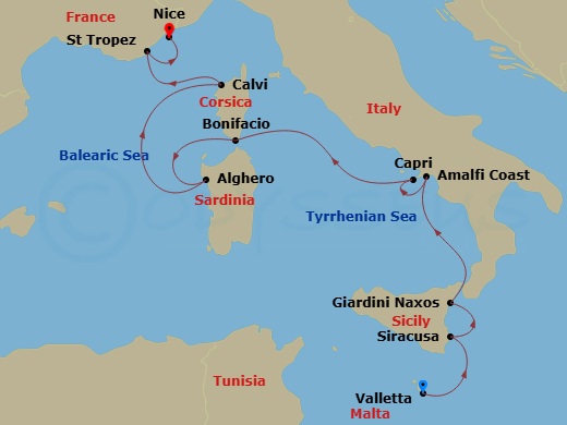 11 Night - Extend the Summer in Elegance - Sea Cloud Spirit - Starting in Valletta, Syracuse, Sicily, Italy, Giardini Naxos (Taormina) / Sicily, Sail Along the Amalfi Coast, Amalfi, Capri, Bonifacio / Corsica, Alghero / Sardinia, Calvi / Corsica, St Tropez, Nice itinerary map